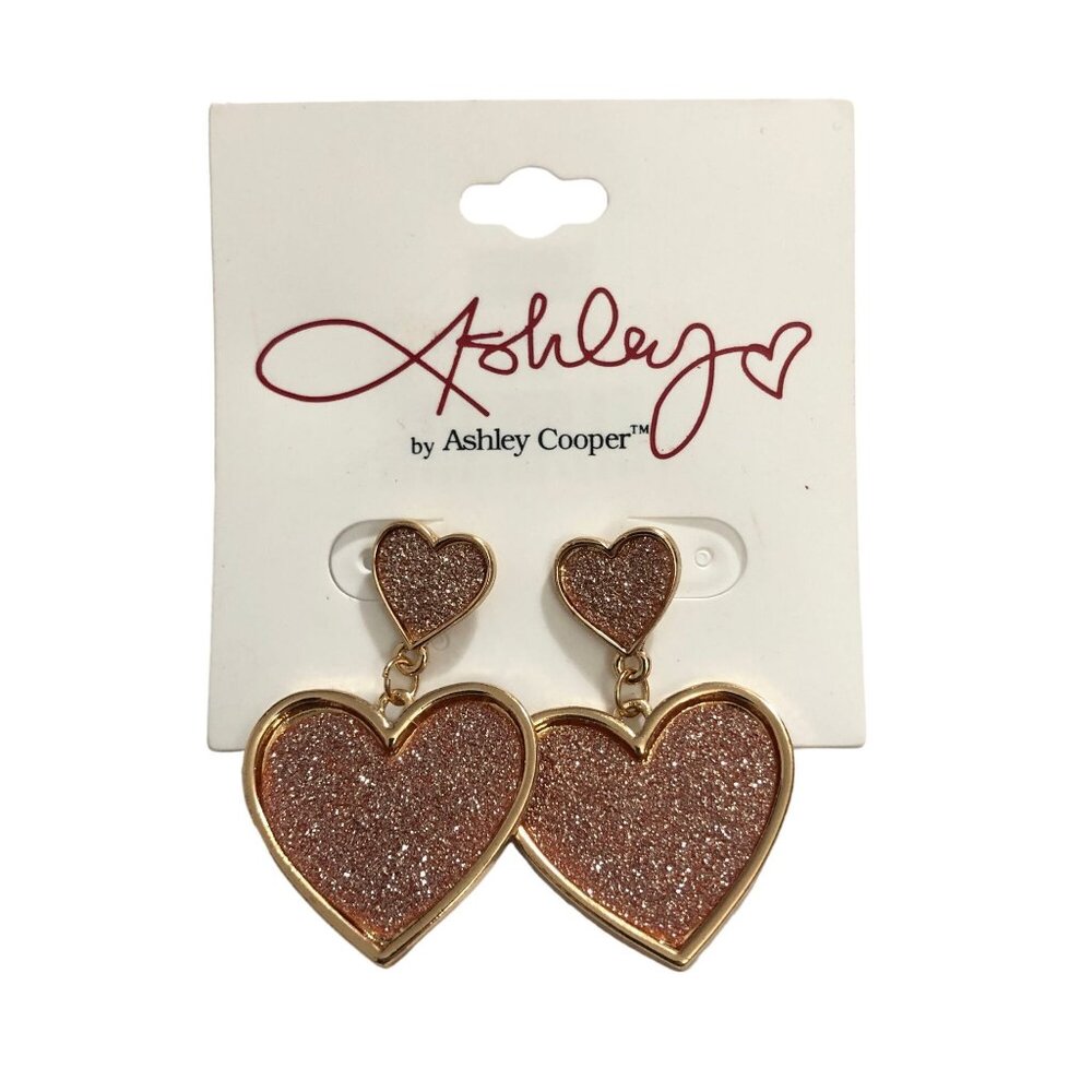 Ashley Cooper Heart-Shaped Gold-Tone & Pink Glitter Fashion Earrings